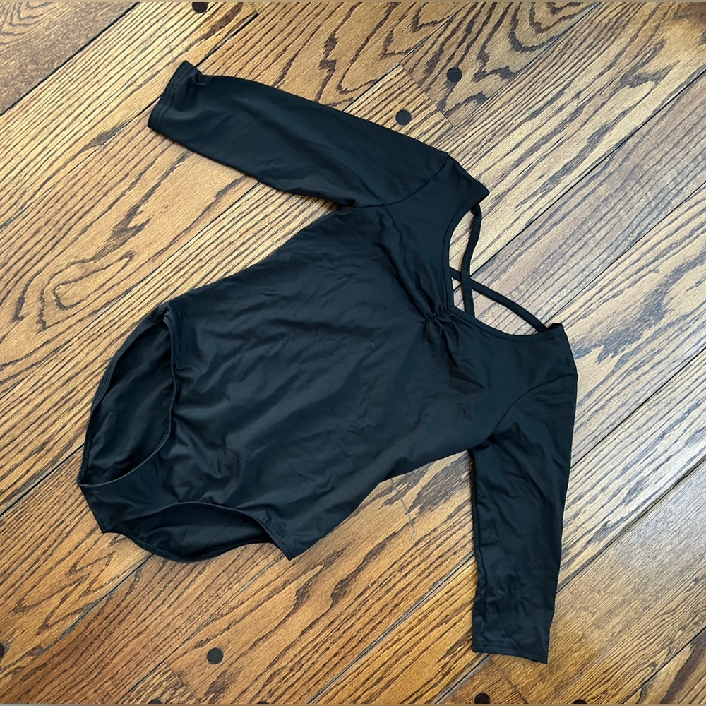 Danskin Now black, long, sleeved leotard, crisscross back